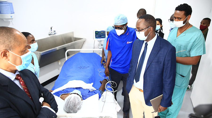 Minister of Health Dr Daniel Ngamije  and other official tour at cardiac catheterization laboratory at King Faisal Hospital  during the official launch of the Laboratory on 19 November 2020. 