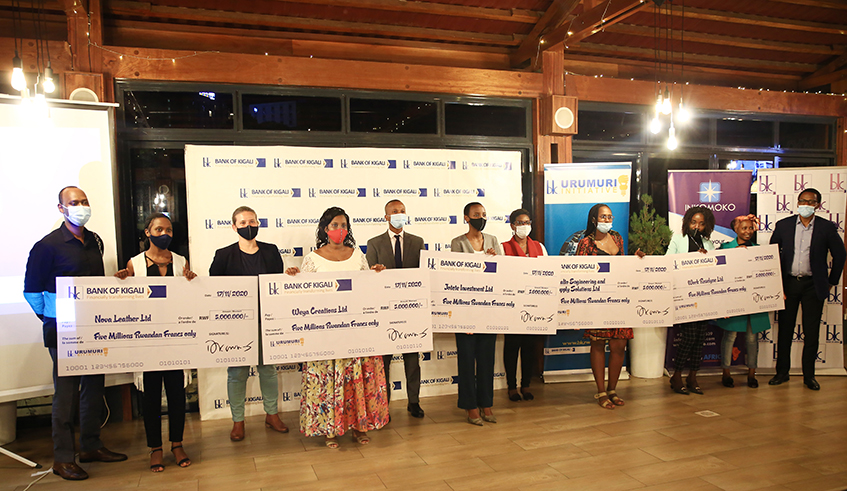 Top winners of Bank of Kigaliu2019s Urumuri initiative organised in partnership with Inkomoko, a local business consulting firm. The winners walked away with Rwf5 million each. / Photos: Craish Bahizi.