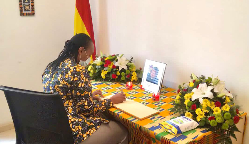 High Commissioner Yamina Karitanyi signing a book of condolences for former President of Ghana Jerry Rawlings