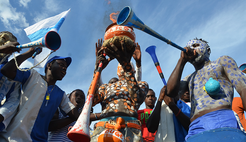 Rayon Sports and Bugesera FC football fans at a league match between the two teams at Kigali Stadium last year. / Sam Ngendahimana.
