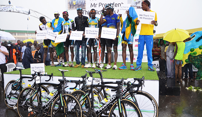 Team Rwanda riders celebrate Tour du 2015 victory with their brand new Pinarello bicycles donated by President Paul Kagme in 2015. / Photo: Sam Ngendahimana.