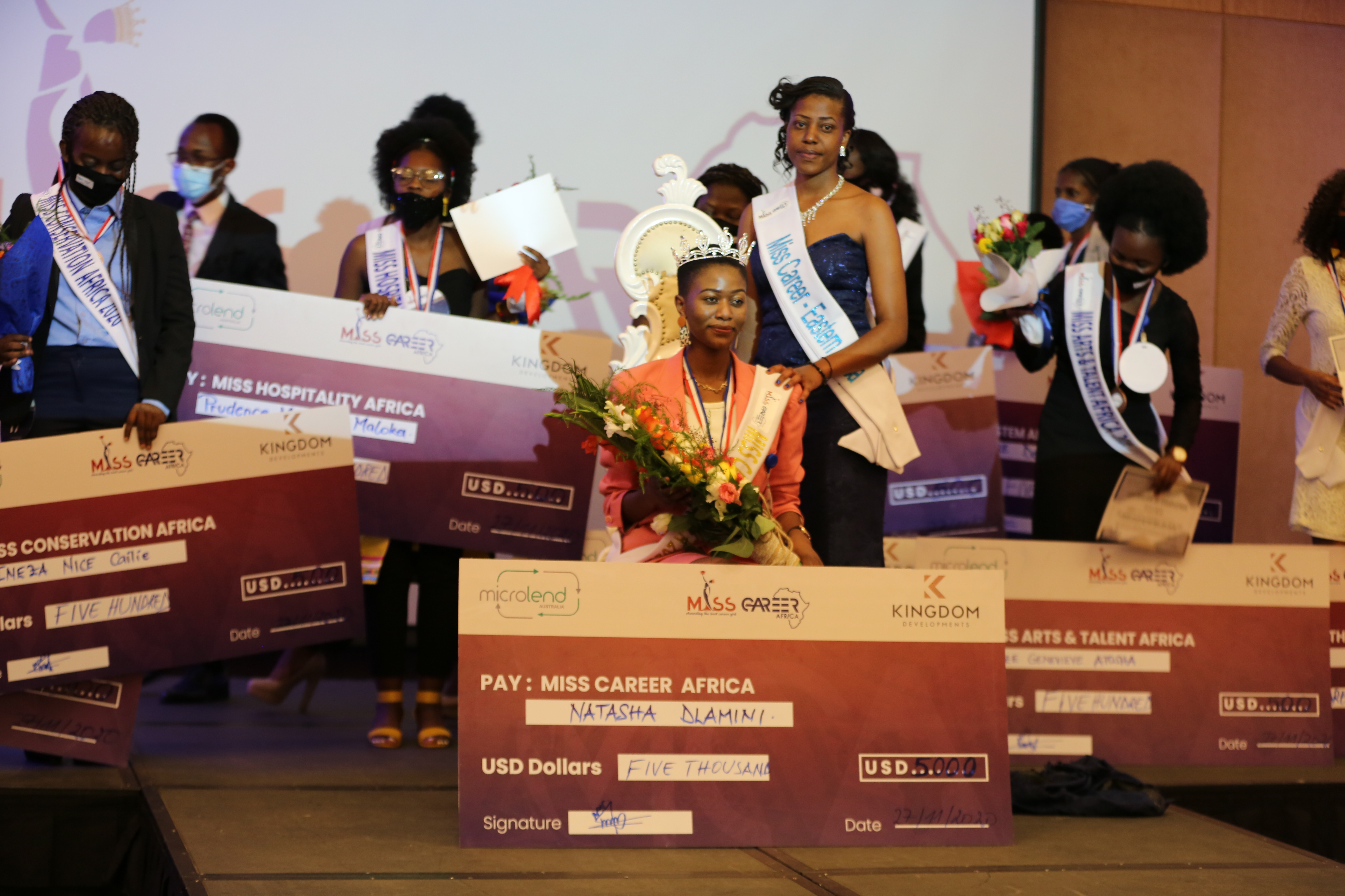 Natasha Dlamini (3rd from right) was in joy after winning the 2020 Miss Career Africa . /Craish Bahizi