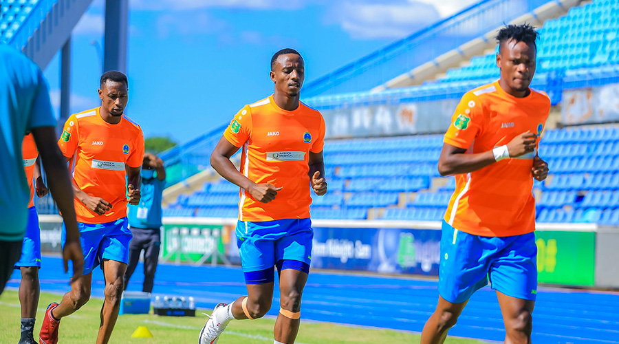 AS Kigali players during pre-match warm-up in Gaborone on Sunday. 