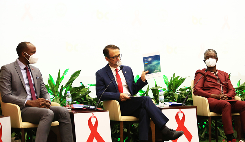 L-R: Dr Sabin Nsanzimana, Director-General of Rwanda Biomedical Centre; Peter Vrooman, the US Ambassador to Rwanda; and Fodu00e9 Ndiaye, the UN Resident Coordinator for Rwanda, during a panel discussion on the occasion of World AIDS Day in Kigali on Tuesday, December 1. Over the next 10 years, Rwanda will be seeking to implement new measures to combat HIV/AIDS. / Photo: Sam Ngendahimana.