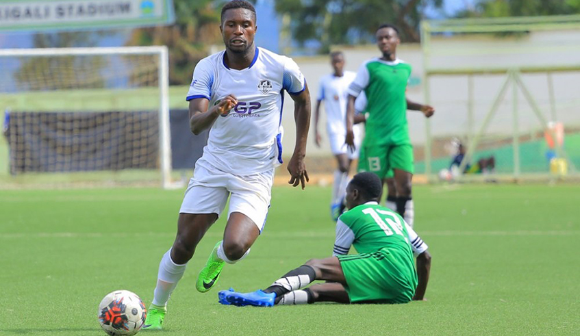 Gorilla FC striker Jean Claude Nizeyimana dribbles past Rwamagana FC defenders during  the Second League  match in November 2020. / Photo: Courtesy.