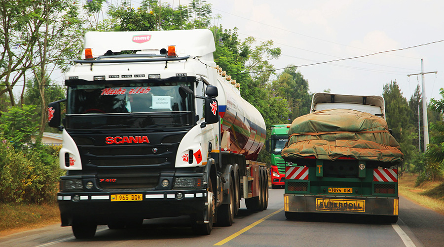 Cross-border trucks from Tanzania to Rwanda. Trading under the African Continental Free Trade Area agreement is expected to start on January 1, 2021. 