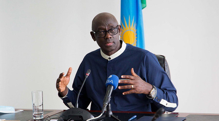 Minister for Justice Johnston Busingye speaks during a news briefing on July 9. 