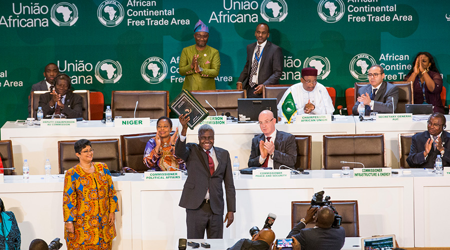 Moussa Faki Mahamat, the Chairperson of the African Union Commission, in a cheerful mood after the launch of AfCFTA in Kigali on March 21, 2018. 
