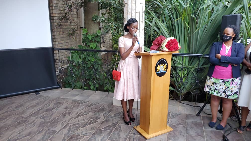 Divine Ingabire, the Executive Director of I Matter, an organisation that seeks to end period poverty and menstrual shame speaks during an occasion to recognise her for being the first Rwandan to win the Human Rights Tulip.