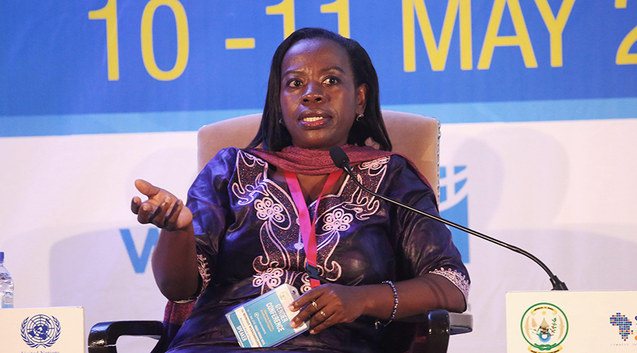 Monique Nsanzabaganwa, Deputy Governor of the National Bank of Rwanda, speaks on a panel during the Gender Conference in Kigali on May 10, 2018. 