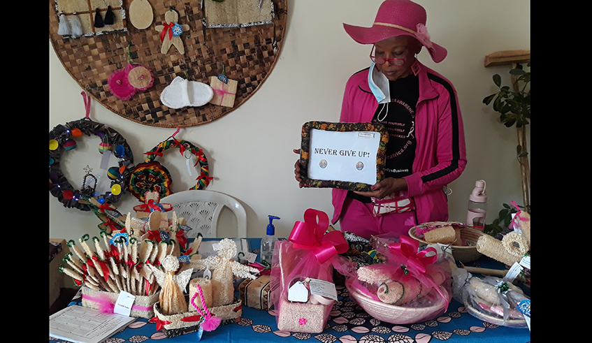 Philipa Decuir showcasing her IER loofah sponge to support breast cancer patients. / Photos: Lydia Atieno.