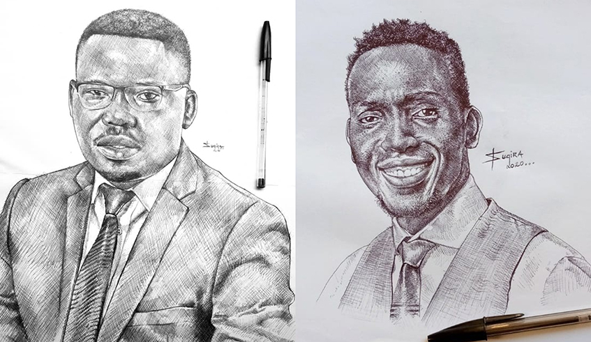 A portrait of Minister Edouard Bamporiki. Right: Sugirau2019s portrait of comedian Arthur Nkusi. / Photos: Courtesy