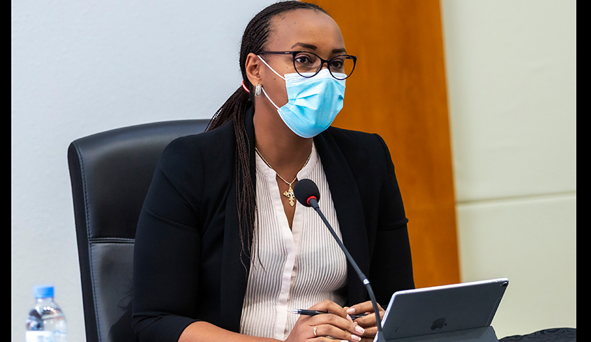 The Minister for Sports, Aurore Mimosa Munyangaju addresses media during a post-cabinet press conference on Wednesday, December 16. / Photo: Courtesy.