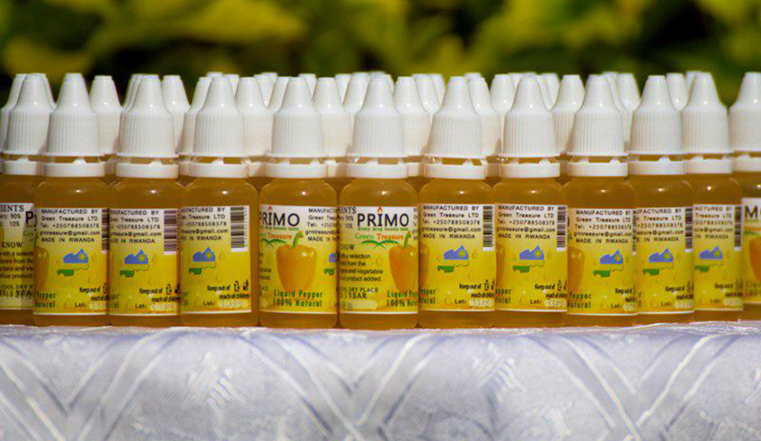 Green Treasure Ltd â€˜s PRIMO,  a hot liquid pepper already on the market in Kigali. / Photo: Courtesy.