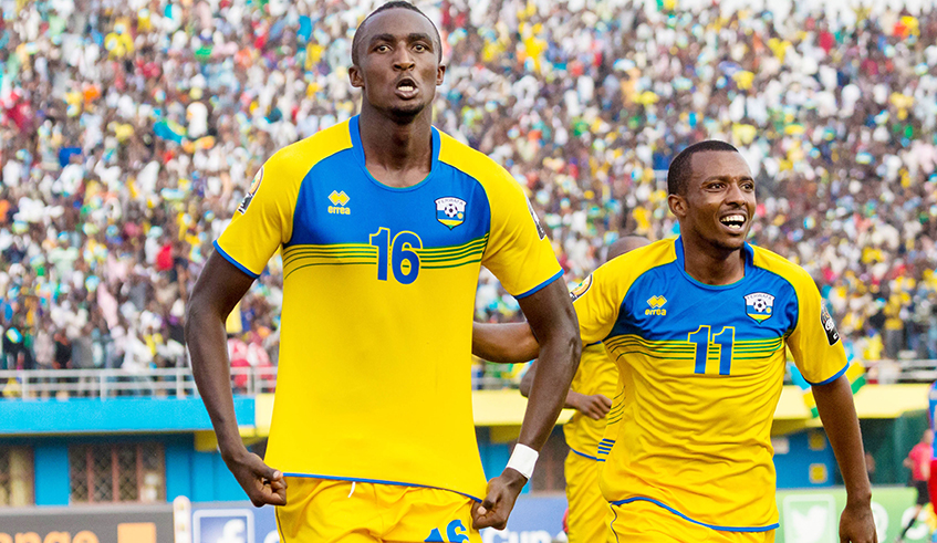 Amavubi striker Ernest Sugira (L) celebrates his goal with Savio Nshuti Dominique during a previous match at Amahoro Stadium. The duo are among 31 players that will start preparations for the 2021 CHAN tournament. / Photo: Sam Ngendahimana.