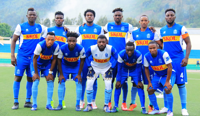 Rayon Sports players in a group photo before a league match against Rutsiro FC at Umuganda Stadium in Rubavu. Rayon Sports FC was fined Rwf2 million, after defying Covid-19 preventive measures. / Courtesy.