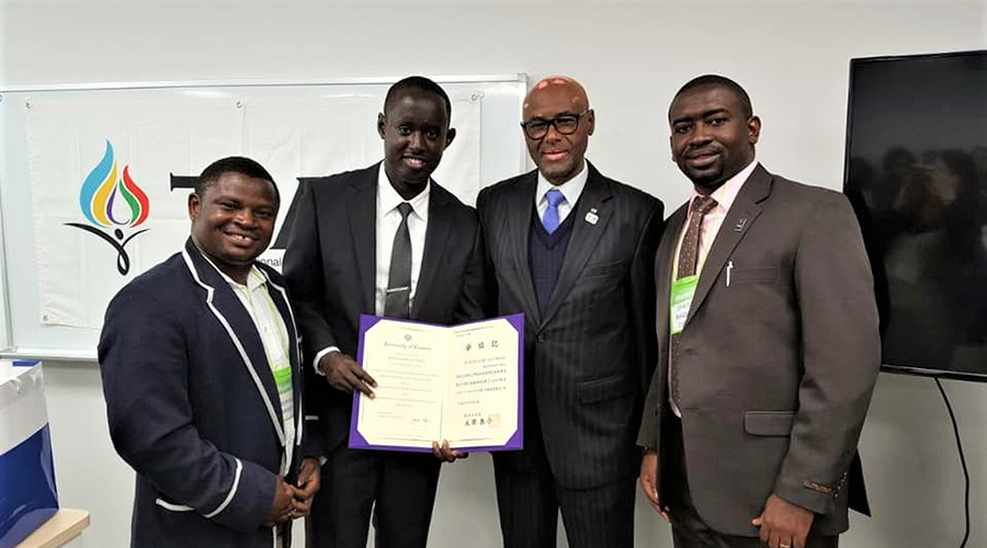 Didier Shema Maboko (R), the Permanent Secretary at the Ministry of Sports, Guy Rurangayire (2nd-L), the ministryu2019s director of sports, as well as Celestin Nzeyimana (L) are alumni of the Japanese university. Second from right is Valens Munyabagisha, President of the Rwanda National Olympic and Sports Committee (RNOSC). 