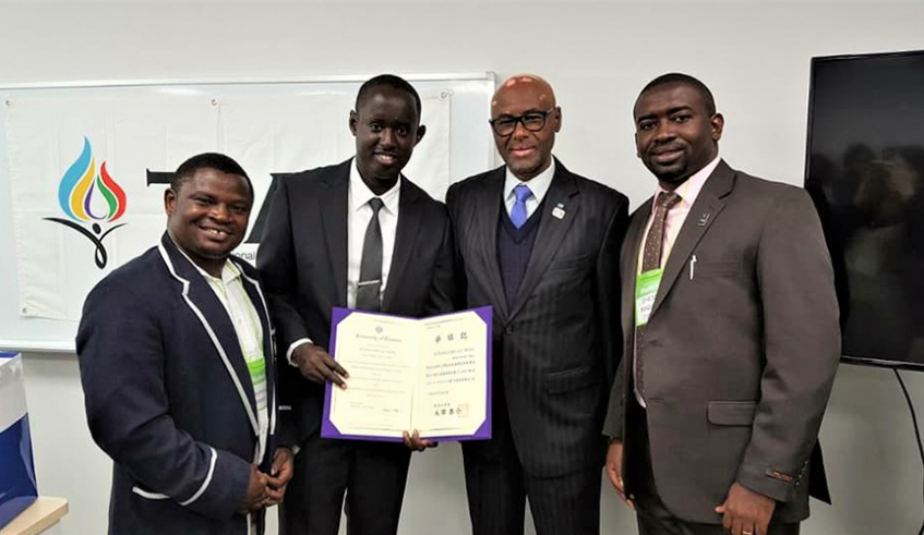 Didier Shema Maboko (R), the Permanent Secretary at the Ministry of Sports, Guy Rurangayire (2nd-L), the ministryu2019s director of sports, as well as Celestin Nzeyimana (L) are alumni of the Japanese university. Second from right is Valens Munyabagisha, President of the Rwanda National Olympic and Sports Committee (RNOSC). / Photo: Courtesy