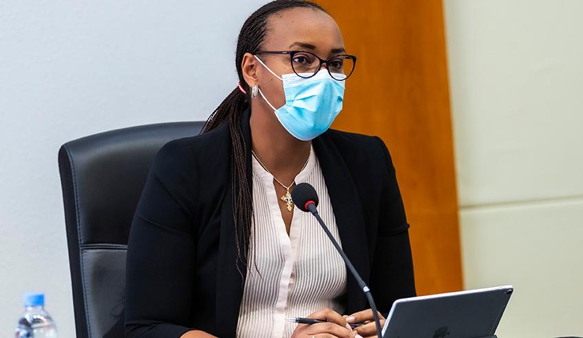 The Minister for Sports, Aurore Mimosa Munyangaju addresses media last December. / Courtesy.