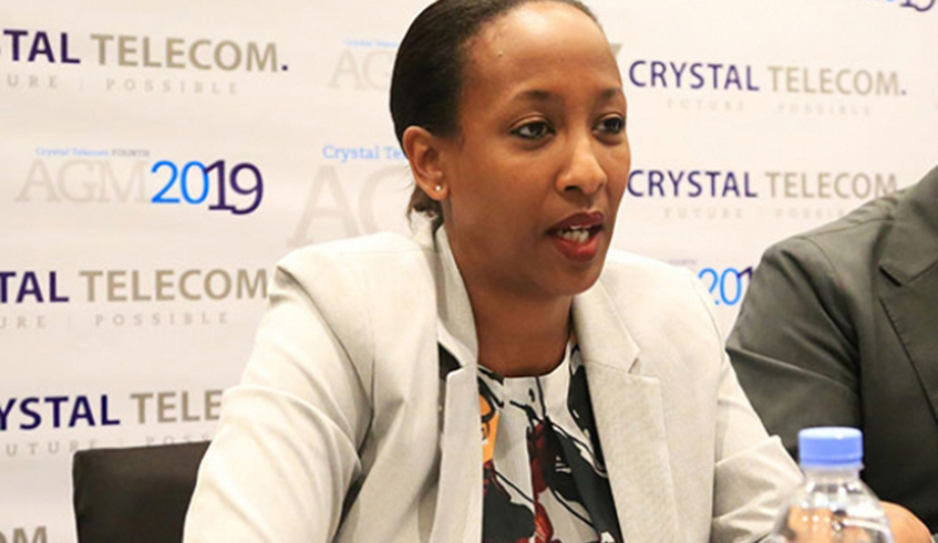 Iza Irame, the Chief Executive of Crystal Telecom speaks during the companyu2019s annual general assembly in 2019. / Photo: Sam Ngendahimana.