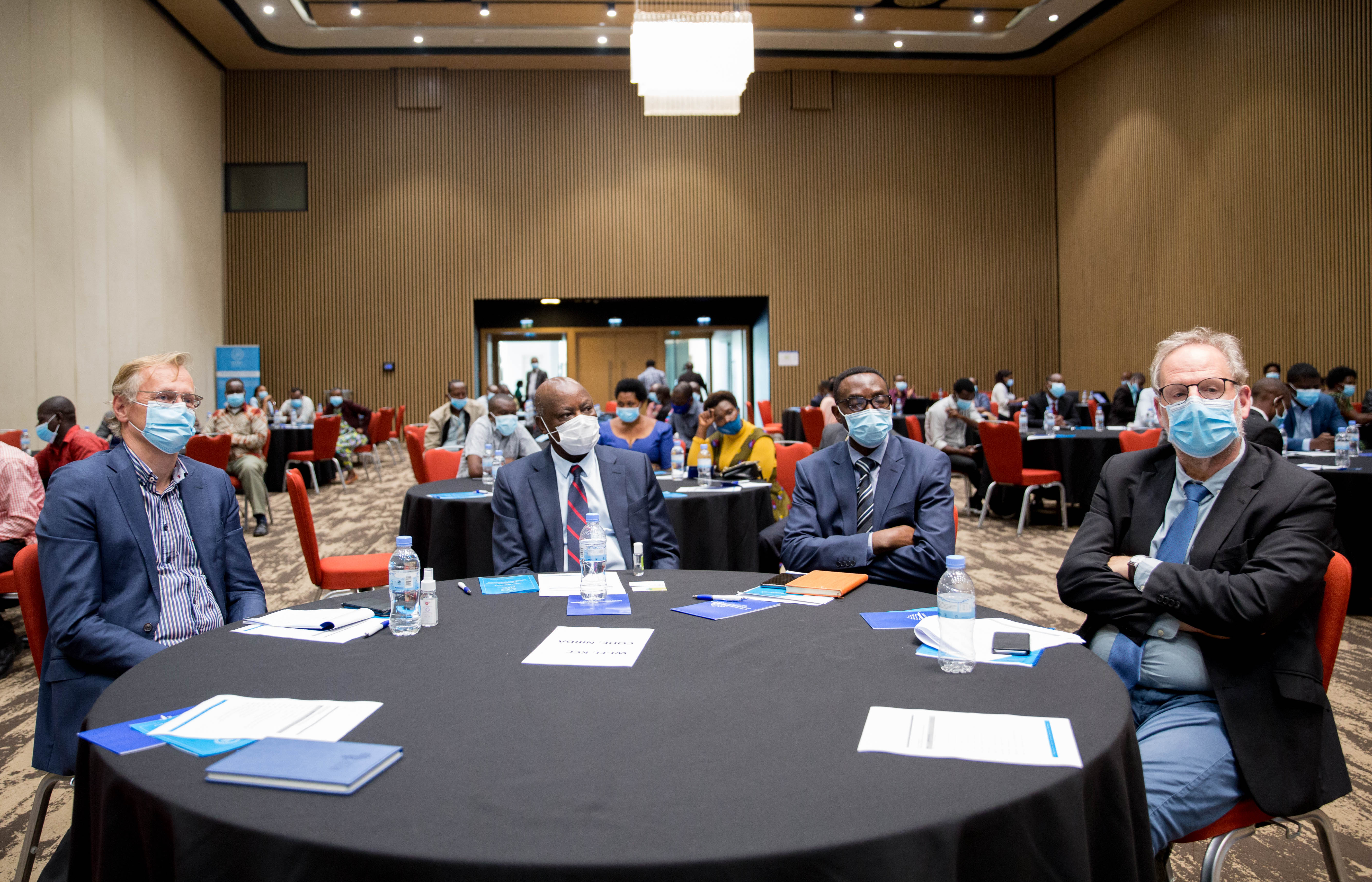 (L-R) Dirk Deprez, Enabel Resident Representative; Steve Mutabazi, Chairman of Board of Directors at NIRDA; Dr. Christian Sekomo Birame, NIRDA DG; and Jean-Michel Swalens, the Head of Cooperation in the Belgian embassy during launch of Open Calls Program, Clay Value Chain early last month.