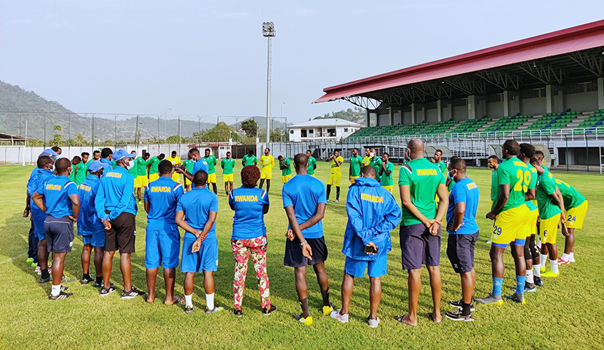 Amavubi players get a briefing from coachu00a0Vincent Mashami before starting a training session at Middle Farm Stadium in Limbe on January 27. The national team qualified for the quarterfinal of the 2020 CHAN championship after a 3-2 defeat of Togo on Tuesday. / Photo: Courtesy.