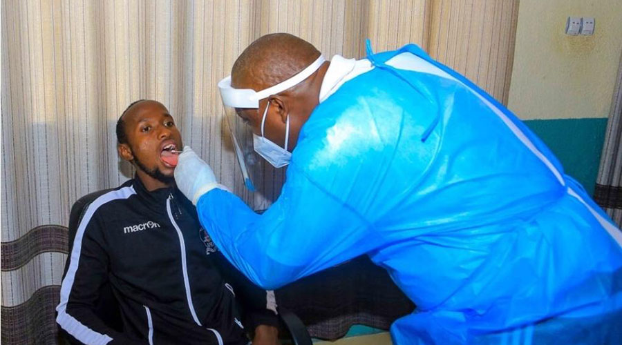 APR FC Captain Thierry Manzi undergoes a Covid 19 test recently. APR is one of the clubs in the league that has confirmed that they will carry our salary cuts for their staff. 