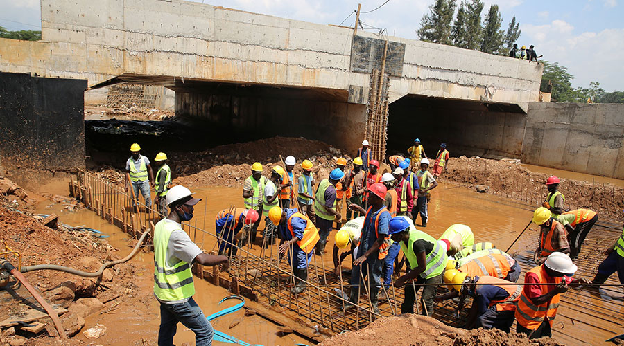 Workers during rehabilitation works of Mpazi drainage at Nyabugogo on January 7. Construction was one of the key drivers of recovery with regard to jobs in the second quarter of 2020. 
