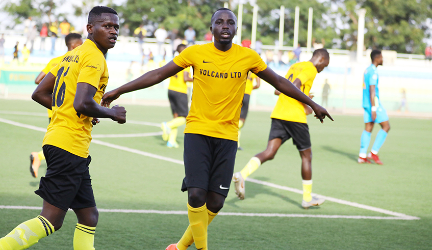 Mukura Victory Sports players celebrate a goal during a recent match. The Huye based club is looking for a new head coach. / Photo: Sam Ngendahimana.