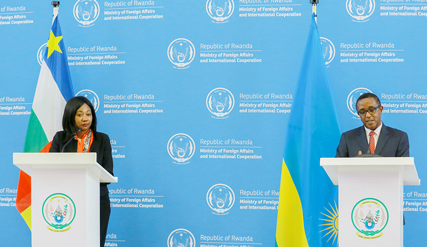 The Minister of Foreign Affairs, Vincent Biruta  and Sylvie Baiu0308po Temon, Central African Republicu2019s Minister of Foreign Affairs during the press conference in Kigali on February 8 . / Dan Nsengiyumva