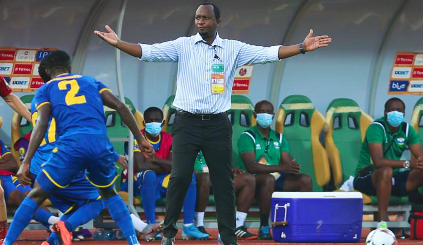 Amavubi coach Vincent Mashami gestures during Rwandau2019s 0-0 draw against Morocco in the 2020 CHAN tournament. Mashamiu2019s contact ends on February 11. / Courtesy. 