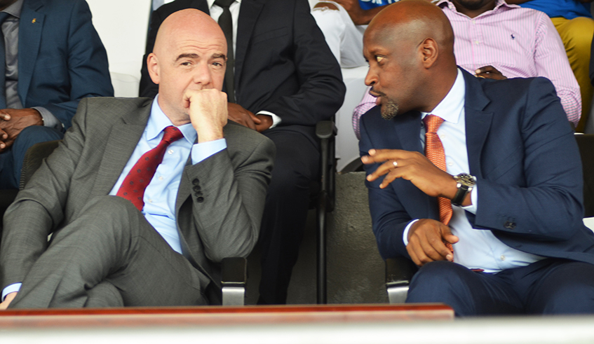 Former FERWAFA President Vincent de Gaulle Nzamwita interacts with FIFA President Gianni Infantino at Amahoro National Stadium on Feb 25, 2017. / Sam Ngendahimana.