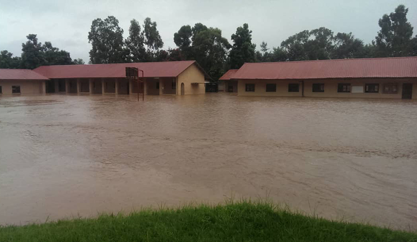 A flooded Ecole du2019Arts de Nyundo school in Rubavu District which was left submerged after the banks of River Sebeya burst back in May, 2020. The river covers some 336 square kilometres across four districts, namely; Rubavu, Rutsiro, Nyabihu and Ngororero. / Photo: File.