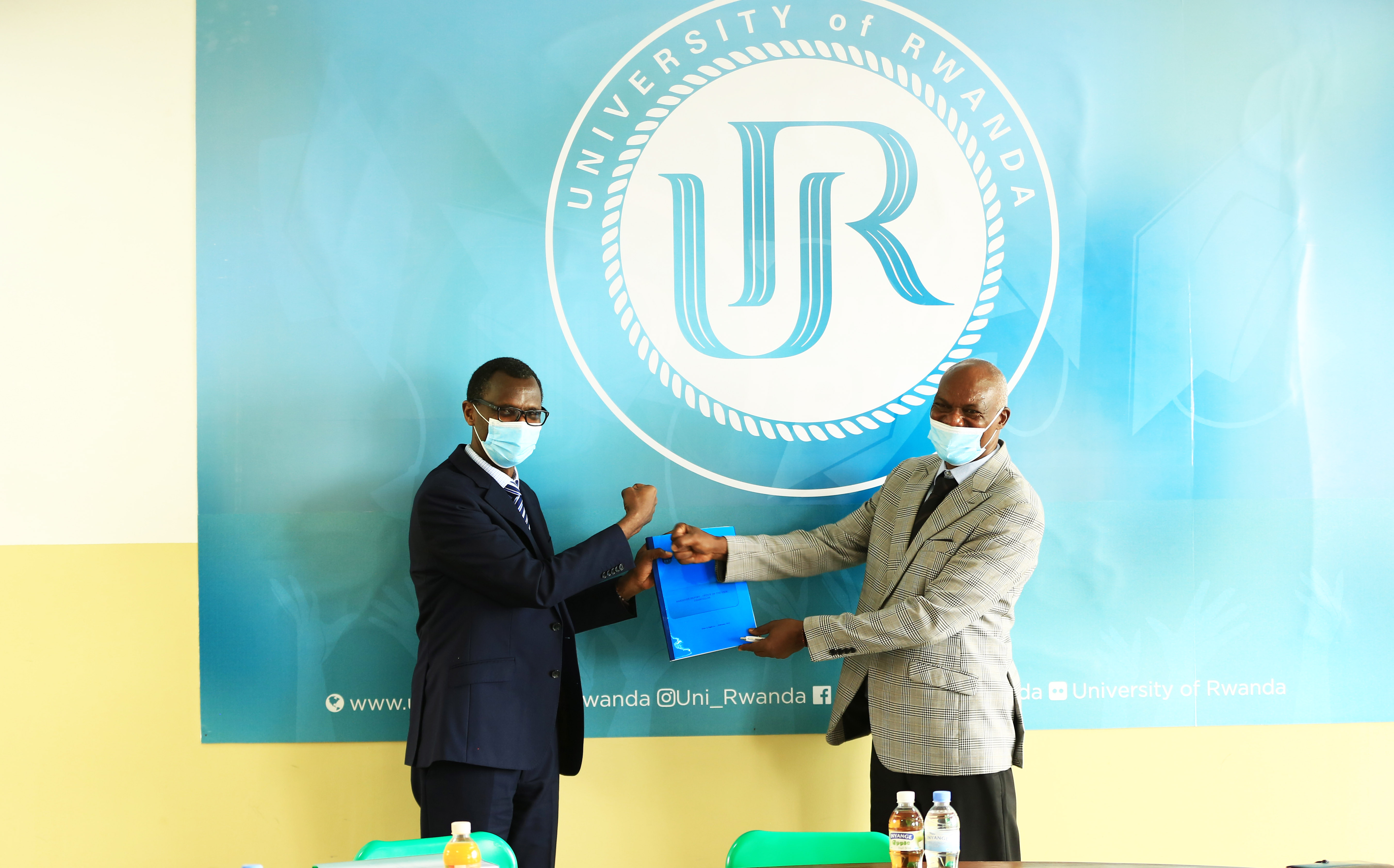 University of Rwandau2019s (UR) new Vice Chancellor Professor Alexandre Lyambabaje and Papias Musafiri Malimba, URu2019s Acting Vice Chancellor during the handover on February 12 (Sam Ngendahimana