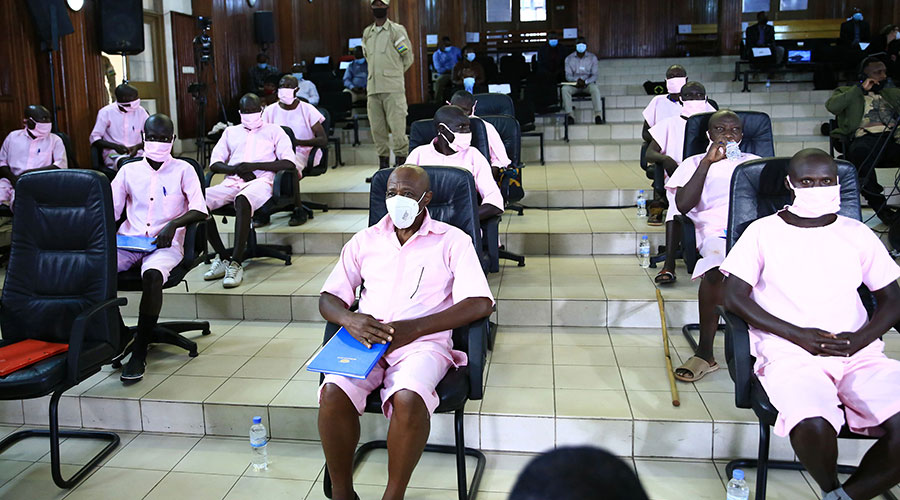Some of the suspects in the MRCD-FLN terrorism case before the High Court Chamber for International and Cross-Border Crimes, in Kigali, on Wednesday, February 17. 