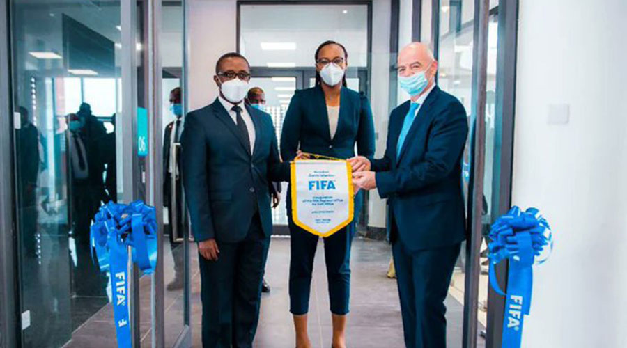 Gianni Infantino, President of FIFA, Minister of Foreign Affairs Vincent Biruta and Minister of Sports Aurore Mimosa Munyagaju during the inauguration of FIFA regional office. 