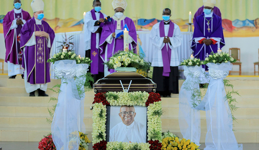 Cardinal Antoine Kambanda leads other senior clerics in a requiem mass to honour late Father Ubald Rugirangoga at Regina Pacis Parish in Kigali on Monday, March 1. The celebrated priest will be buried on Tuesday in his ancestral parish located in Rusizi District. / Photo: Dan Nsengiyumva.