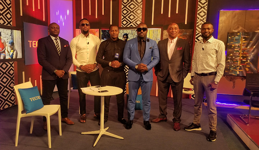 Willy Ndahiro (left) and a delegation of Nigerian investors  appearing on  an entertainment programme on Rwanda Television. / Courtesy 