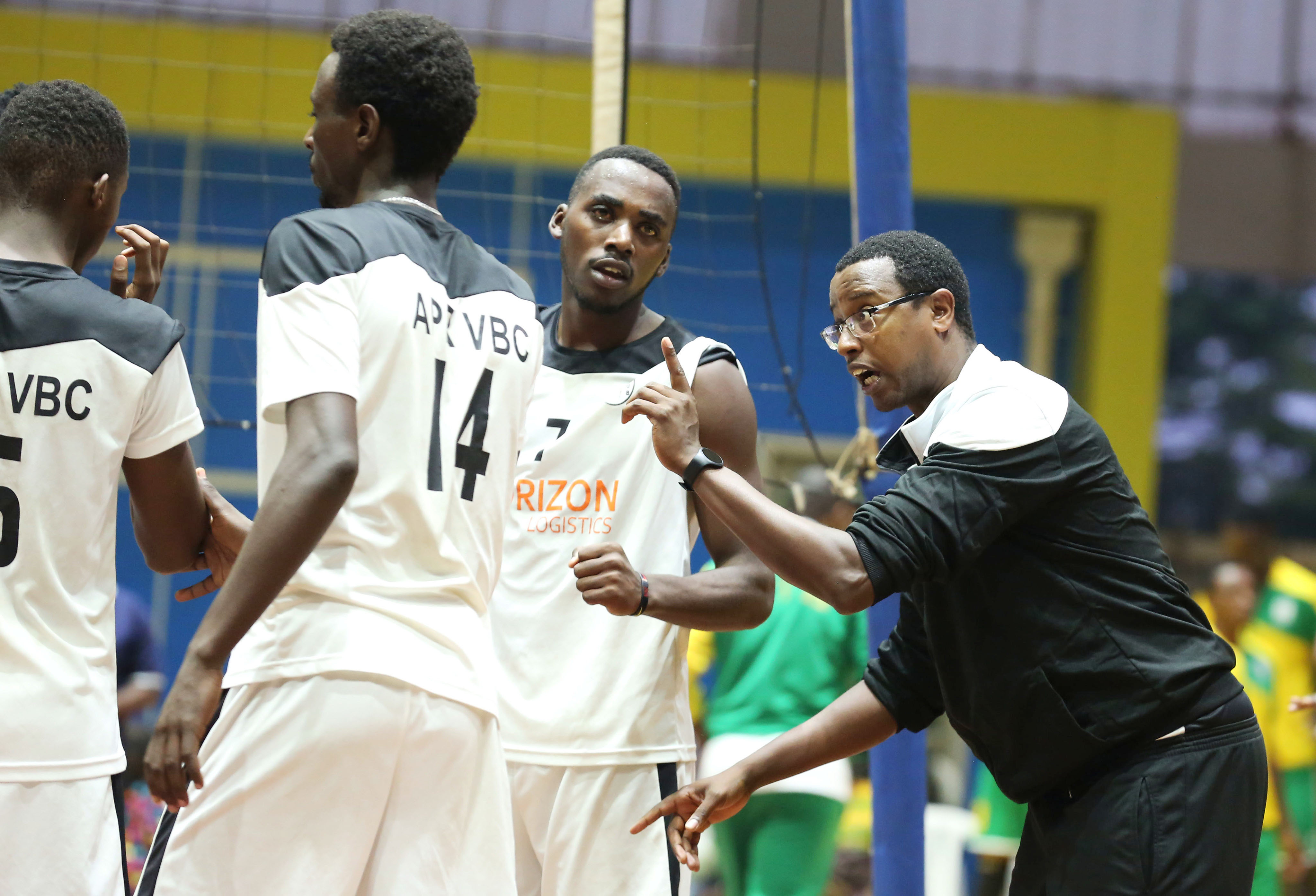 APR VB Club head coach Elie Mutabazi gives instructions to his players during a past league match. The Rwandan champions has received all-clear to start training ahead of the 2021 African Club Championship. /Sam Ngendahimana