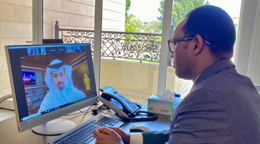 Amb. Emmanuel Hategeka, Rwandau2019s envoy to the United Arab Emirates, and H.E. Hamad Buamim, President and Chief Executive of Dubai Chamber of Commerce and Industry, during a virtual meeting on Thursday, March 11. 