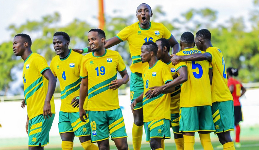 Amavubi players celebrateu00a0Lague Byiringiro's goal during the Africa nations cup qualifier against Mozambique at Kigali Stadium on March 24. Rwanda moved into second position of Group F after the win. / Courtesy