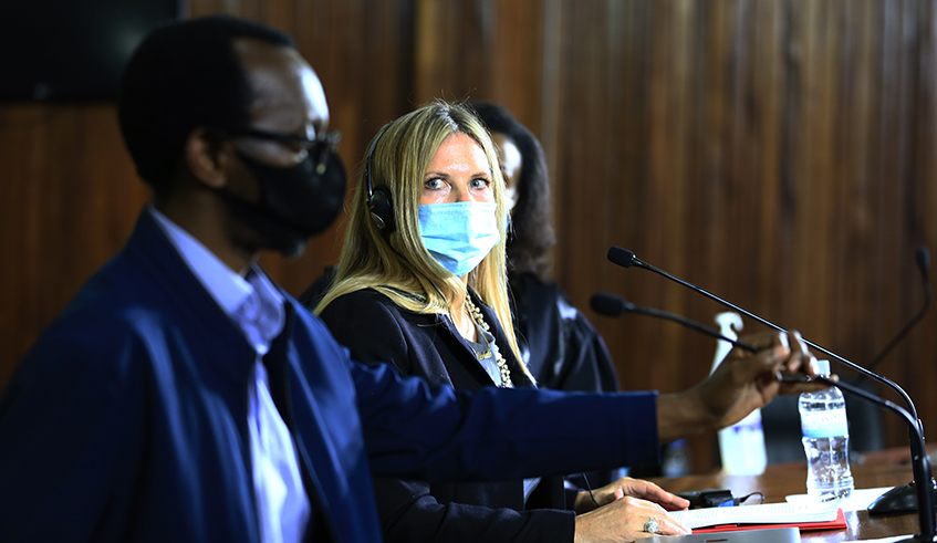 Martin Michelle, who was once a volunteer at Hotel Rwanda Rusesabagina Foundation (centre), gave her testimony in Kigali on Wednesday, March 24, in which she pinned Paul Rusesabagina on genocide ideology, subversive activities, among others. / Photo: Sam Ngendahimana.