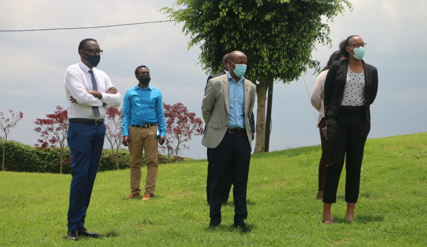 Minister of Sports Aurore Mimosa (R), Rwanda Cricket Association President Eddie Balaba and Julius Mbaraga, Rwanda Cricket Association SG at Gahanga cricket stadium recently. / Photo: Courtesy.