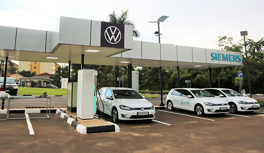 Volkswagen's Electric Golf cars at the new station that was opened at Kigali Convention Centre on Tuesday, March 30. This is the second station to be opened by Volkswagen Mobility Solution Rwanda, after the first one in the Special Economic Zone. 