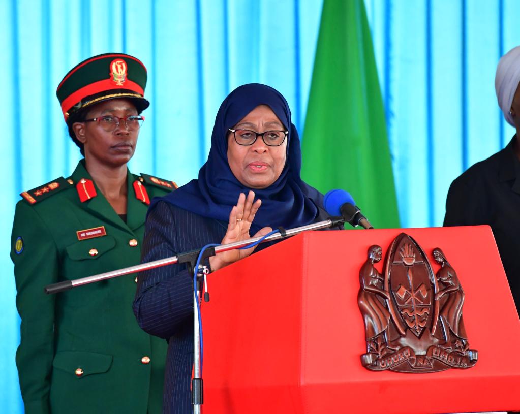Tanzanian President Samia Suluhu Hassan delivers a speech in Dodoma on March 31, 2021. She announced the appointment of new finance minister and foreign minister in a cabinet reshuffle. 