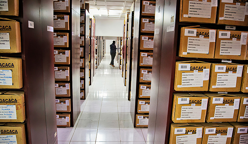Some of the boxes that contain the genocide archives in a storeroom in Kigali. Gacaca justice system officially closed in 2012, after trying more than 1.9 million Genocide cases in ten years. / Photo: File.
