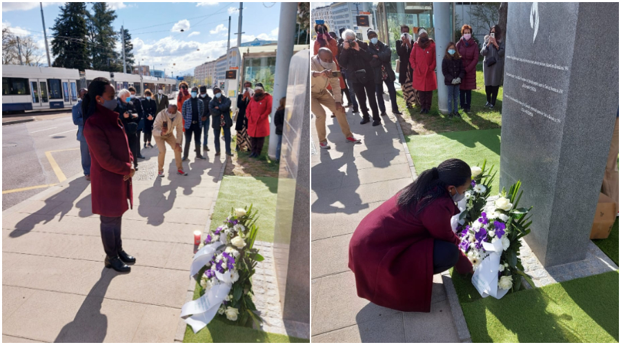 Marie-Chantal Rwakazina, Ambassador of Rwanda to Switzerland, and Permanent Representative to the UN office and other International Organizations in Geneva, lay wreath to the memorial stele to honour the victims of the 1994 Genocide against the Tutsi. 