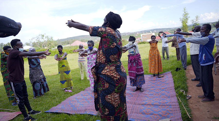 Elderly genocide survivors during a yoga session at Aheza Healing Centre in Bugesera District on April 1. Yoga is proving to an effective therapy for depression and post-traumatic stress disorder among these elderly people. 