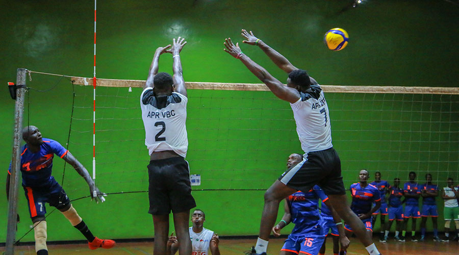 APR volleyball club during a friendly match with REG recently. Both clubs are preparing for the Africa volleyball club Championship. 