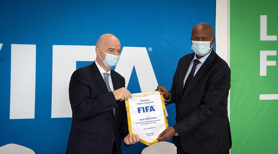 Jean-Damascu00e8ne Sekamana is seen here with Fifa President Gianni Infantino after launching a Regional Development Office in Kigali in February. 